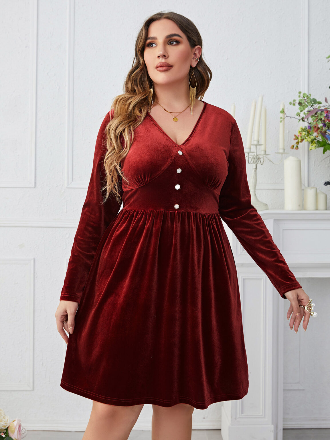 Popular Dark Red V neck Slimming High Waist Long Sleeves Dress - Image 3