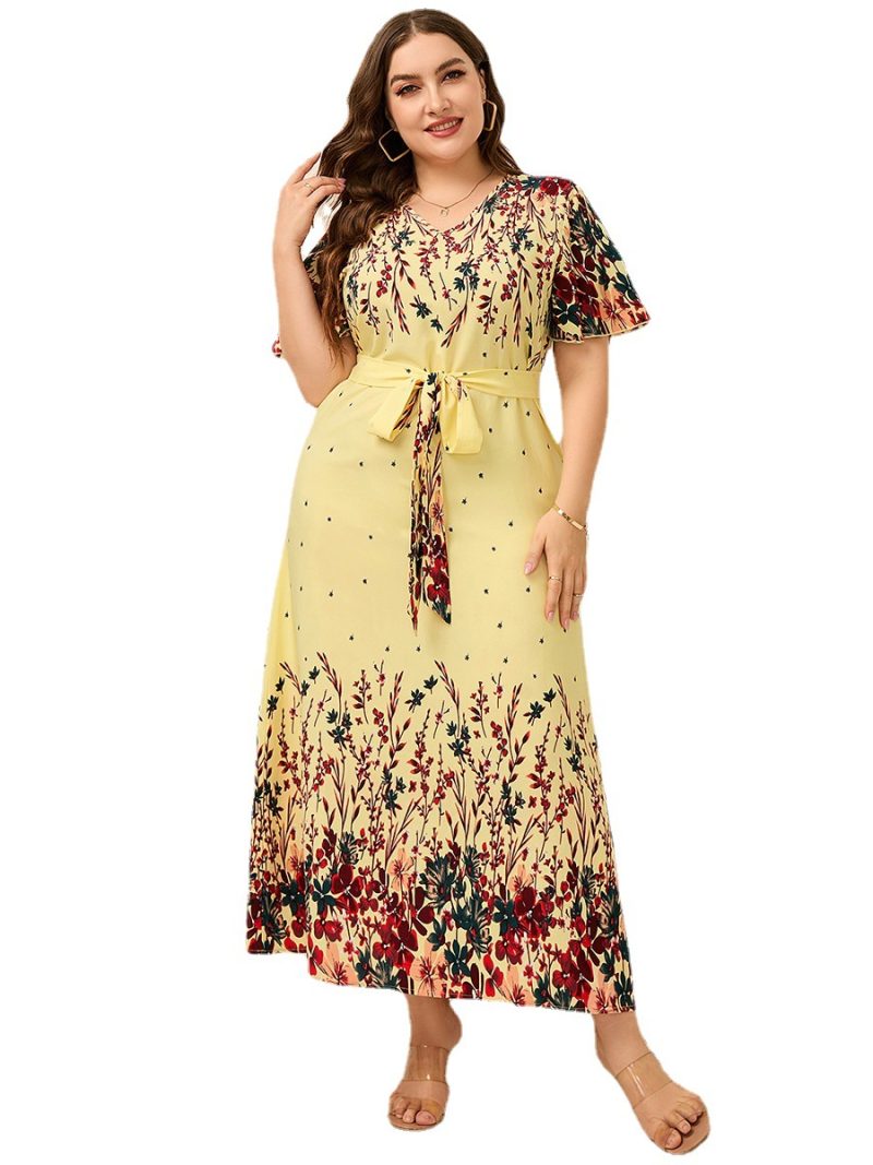 Plus Size Ladies  Bilateral Positioning Printed V-neck Lace up Casual Holiday Swing Dress - Image 5