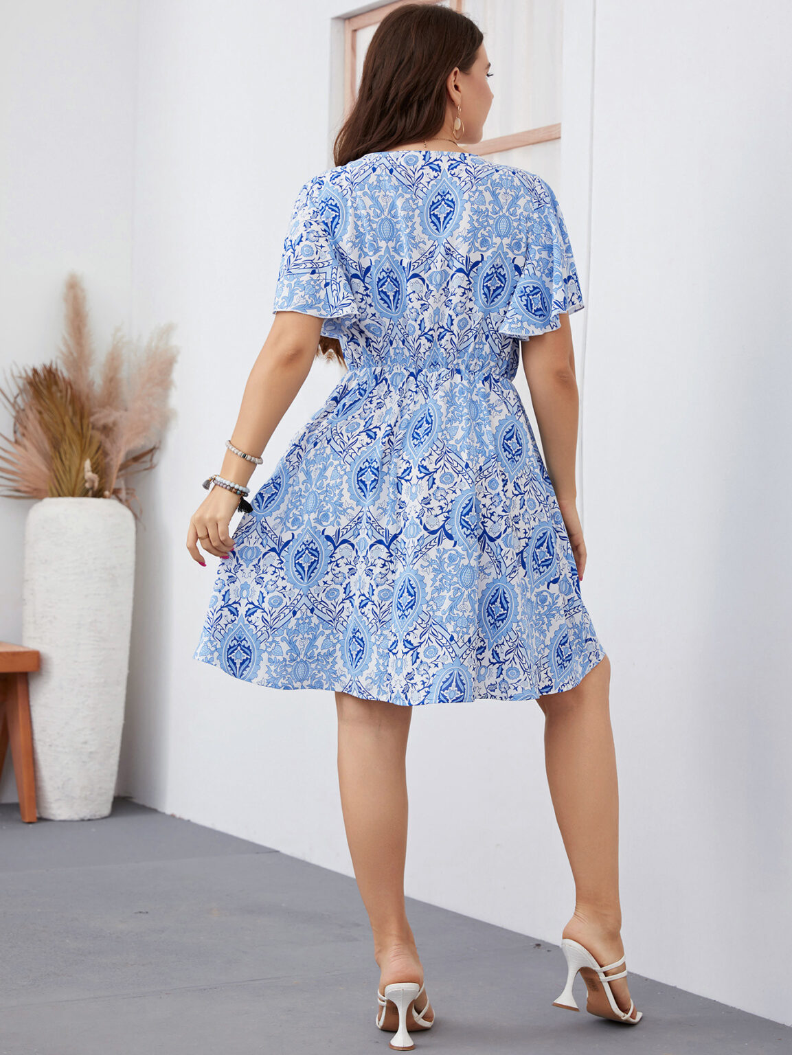 Plus Size Summer Printed Blue Bottoming Hollow Out Cutout over the Knee Office Swing  Dress Elegant Trench Coat - Image 4