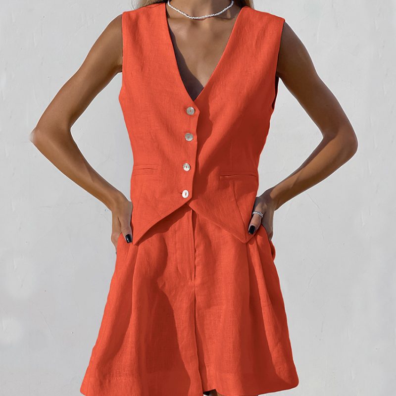 Design Cotton Linen Suit Vest Suit Women Summer Casual Sleeveless Tank Top Shorts Two Piece Suit - Image 2
