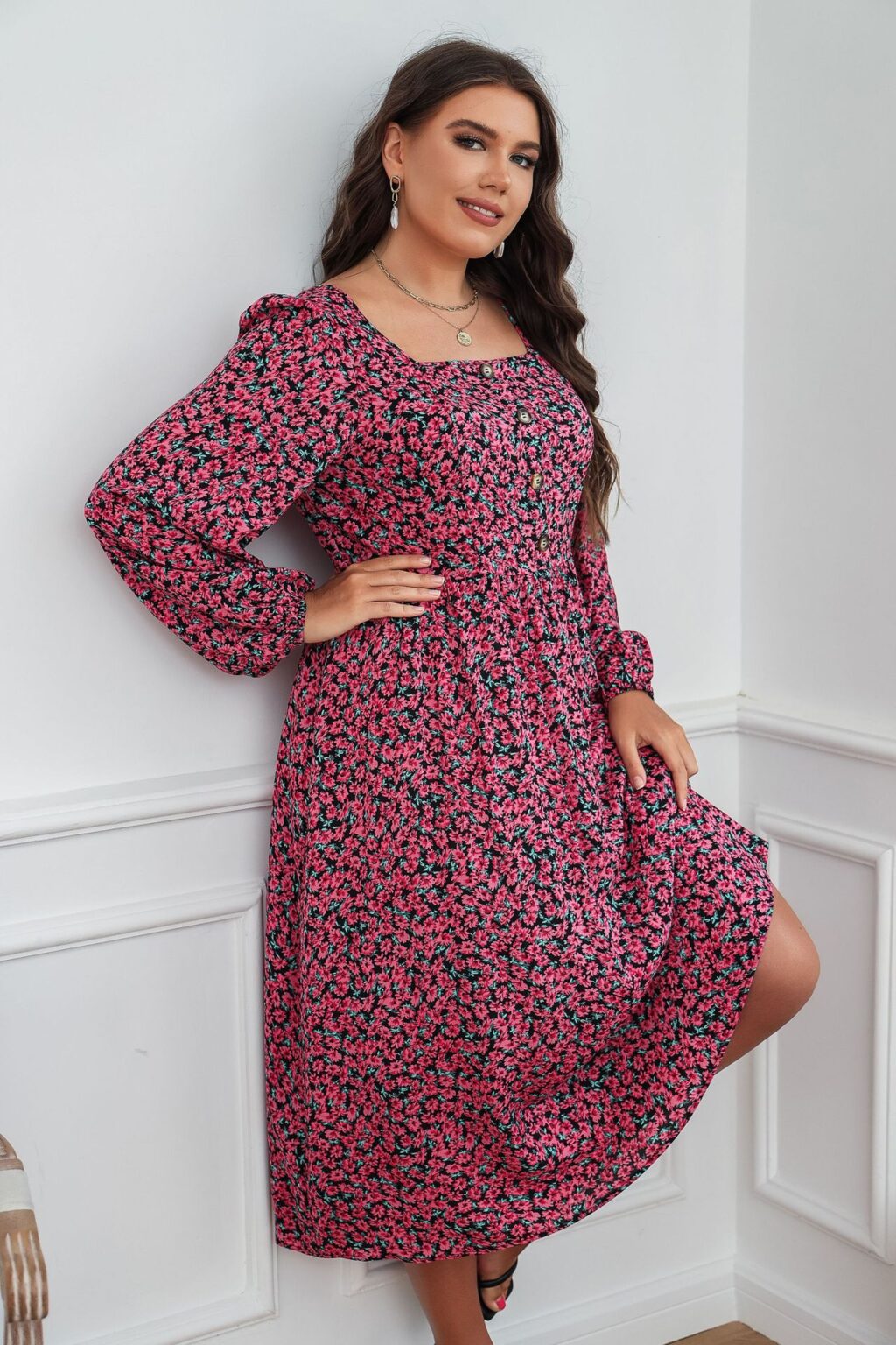 Plus Size Summer Women Square Collar  Printed Dress Supply