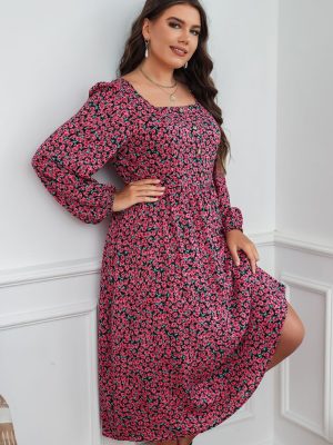 Plus Size Summer Women Square Collar  Printed Dress Supply