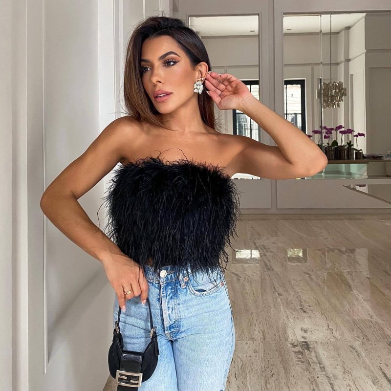Fashion Feather Fur Tube Top Party Sexy Top Crop Top Tank Camis - Image 2