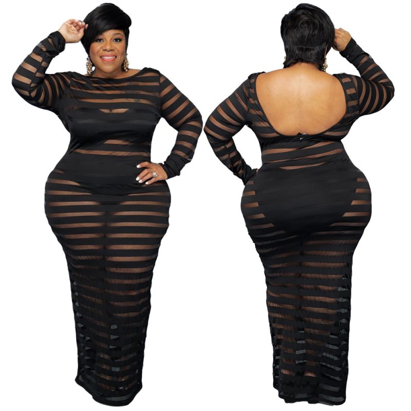 Plus Size Autumn New Sexy Women Clothing Breathable Mesh Stitching Solid Color Dress Nightclub Dress - Image 3