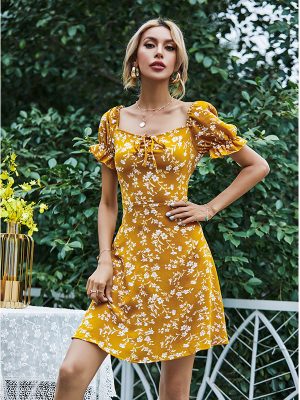 Empty Summer Yellow Square Collar Puff Sleeve Backless Dress