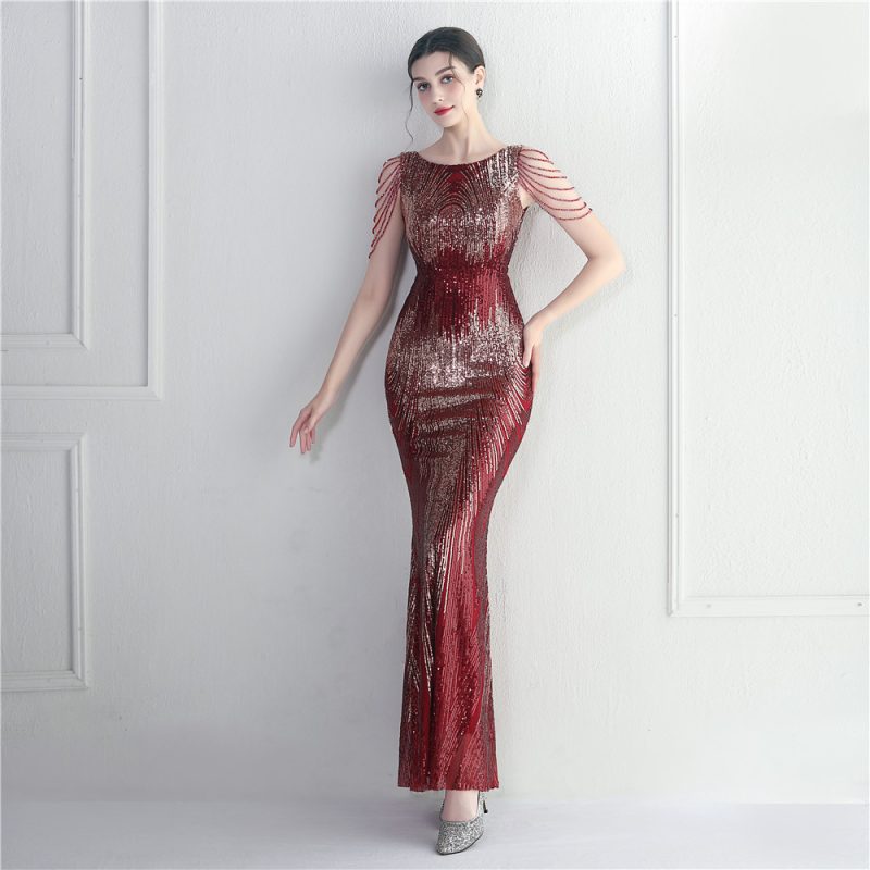 Positioning Floral Sequin Craft Beaded Sexy Party Dinner Ceremony Concert Maxi Dress Evening Dress - Image 3