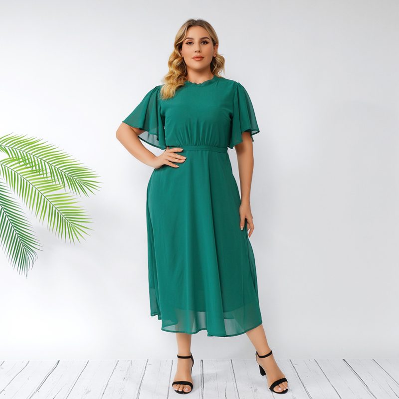 Plus Size Summer  Women Green Dresses Flare Sleeve Ruffles Backless Chiffon Dress - Image 2
