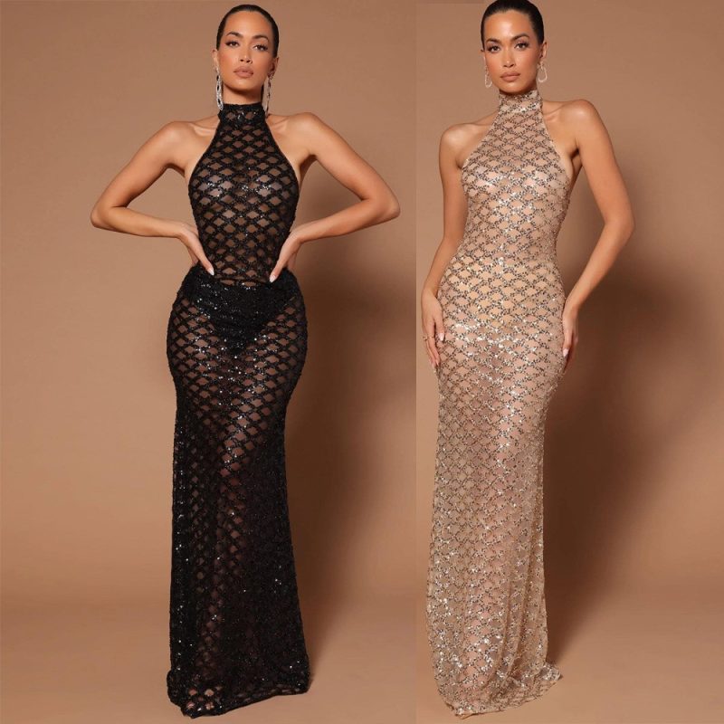 Spring Sexy Backless Nightclub Party Formal Dress Rhinestone Sequined Transparent Dress - Image 3