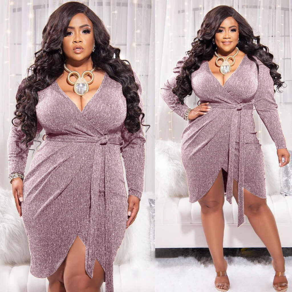 Plus Size Deep V Plunge Plunge Long Sleeve Dress Women Bright Silk Lace-up Sheath Sexy Mini Dress - Image 2