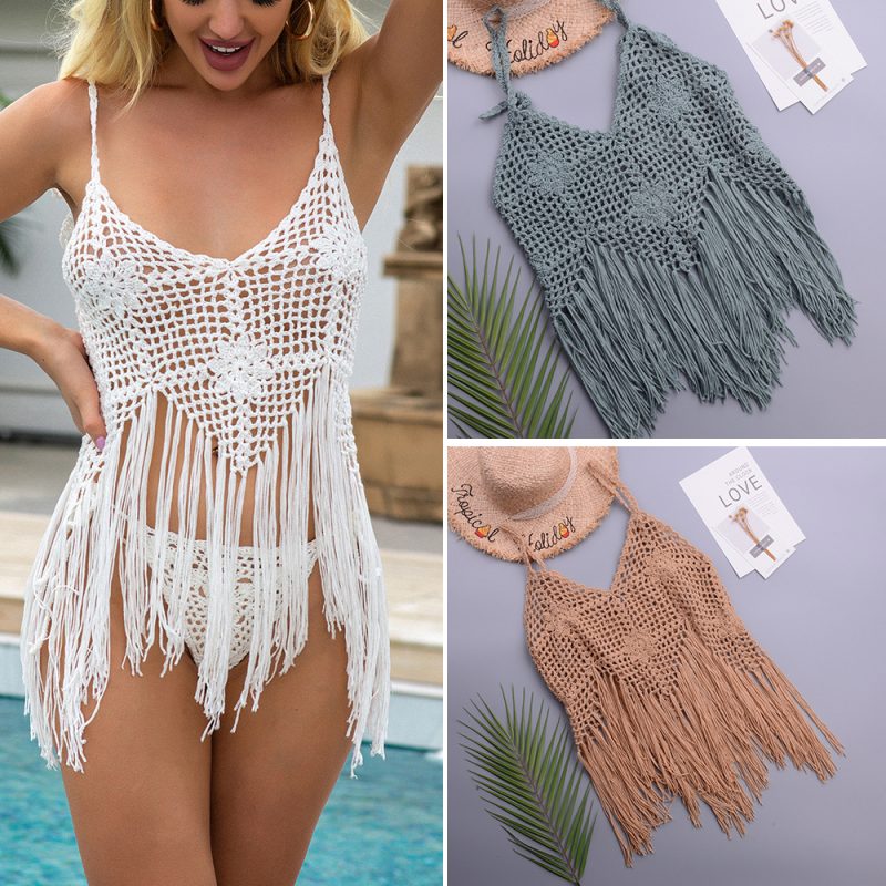 Vacation Beach Tassel Pure Hand Crocheting Woven Split Swimsuit V-neck Lace up Top Women Crochet - Image 2