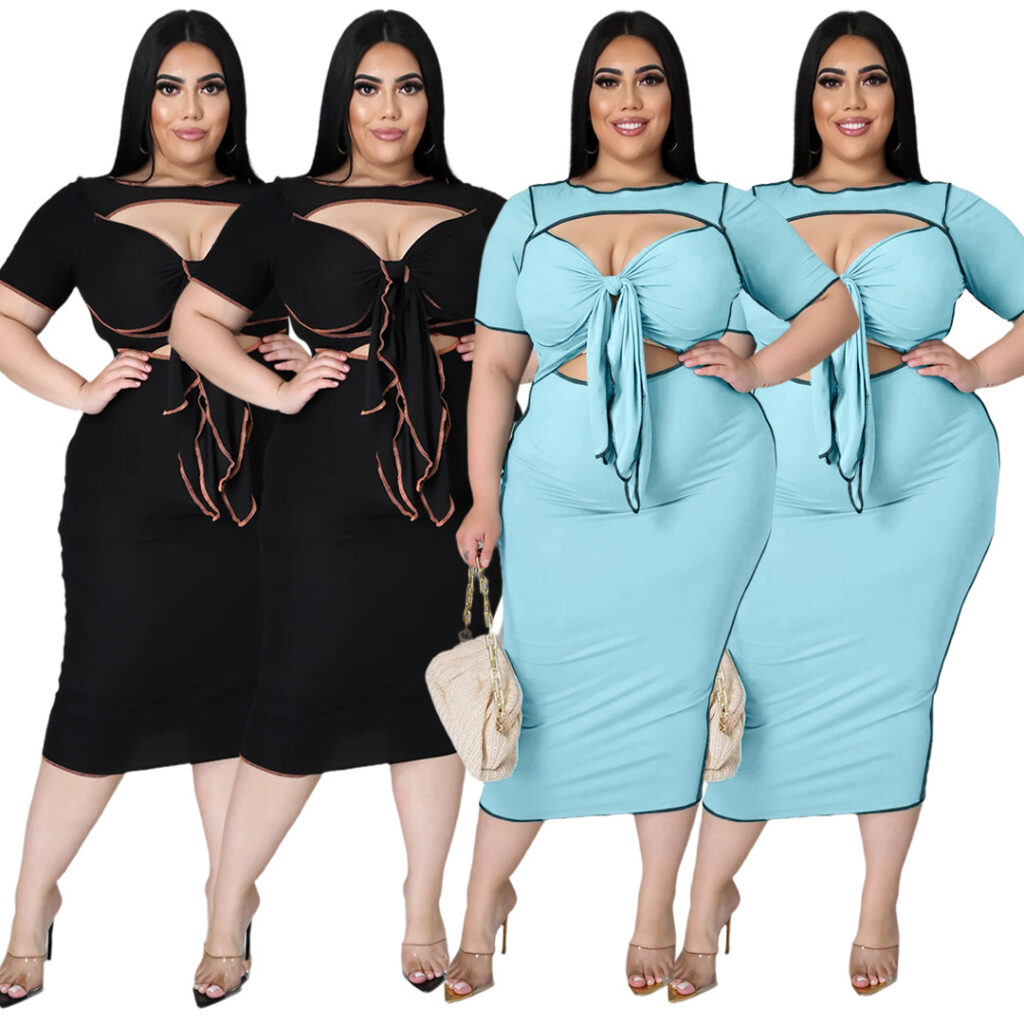 Plus Size Women Solid Color Reverse Side Hollow Out Cutout out Strap Dress - Image 2