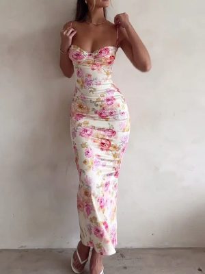 Women Summer Sexy Sling Waist Sheath Print Dress