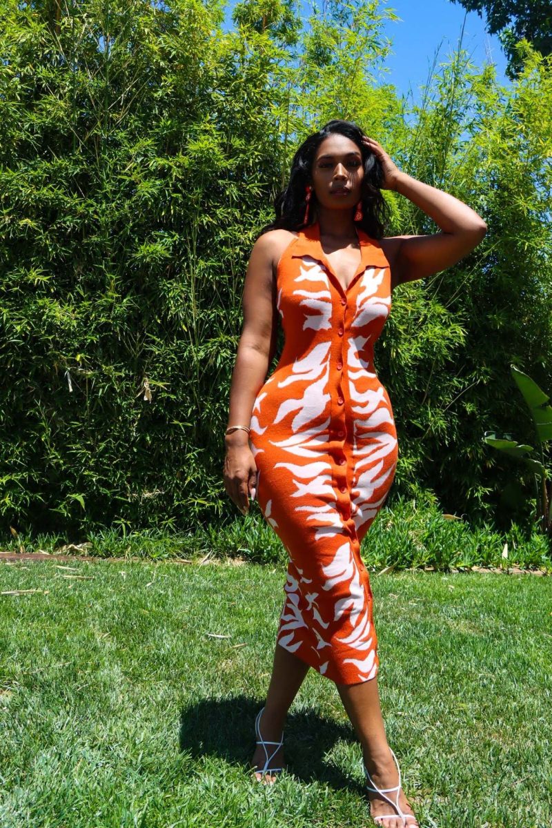 Women Mid-Length Knitted Dress Collared Print Vest Tight Midi Dress - Image 2