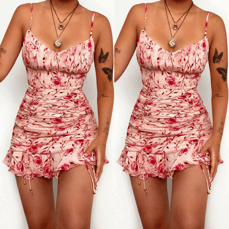 Spring Summer Floral Digital Printed V-neck Waist-Tight Sexy Mini Dress - Image 5