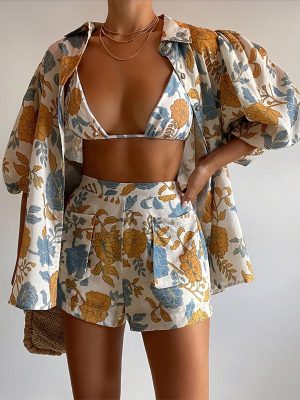 Spring Women Loose Printed Shirt Camisole Shorts Three Piece Set