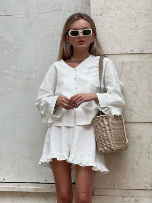 Women Clothing Summer Suit Beige Long Sleeve Loose Casual Shirt High Waist Shorts Two Piece Set