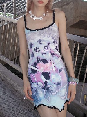 Abandoned Rabbit Print Sexy Suspenders Sexy Waist Slimming Dress Women