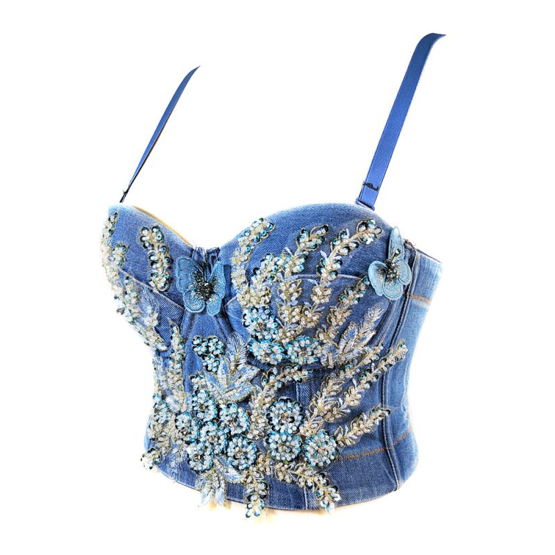 Heavy Industry Beads Denim Camisole Outer Wear Vest Night Club Sexy Wrapped Chest - Image 4