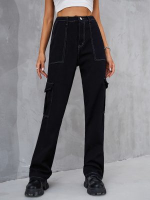 Retro Elastic Waist Denim Overalls Casual Pants Women