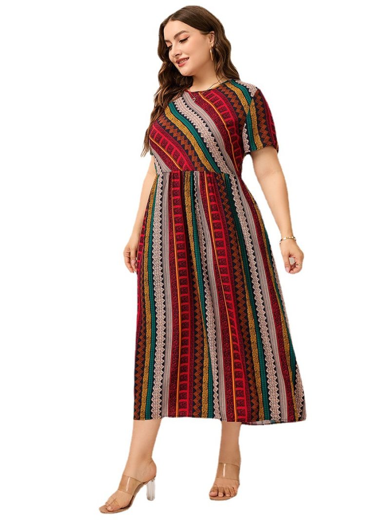 Plus Size Ladies  Women round Neck Twill Stitching Casual Printed Short Sleeves Dress - Image 5