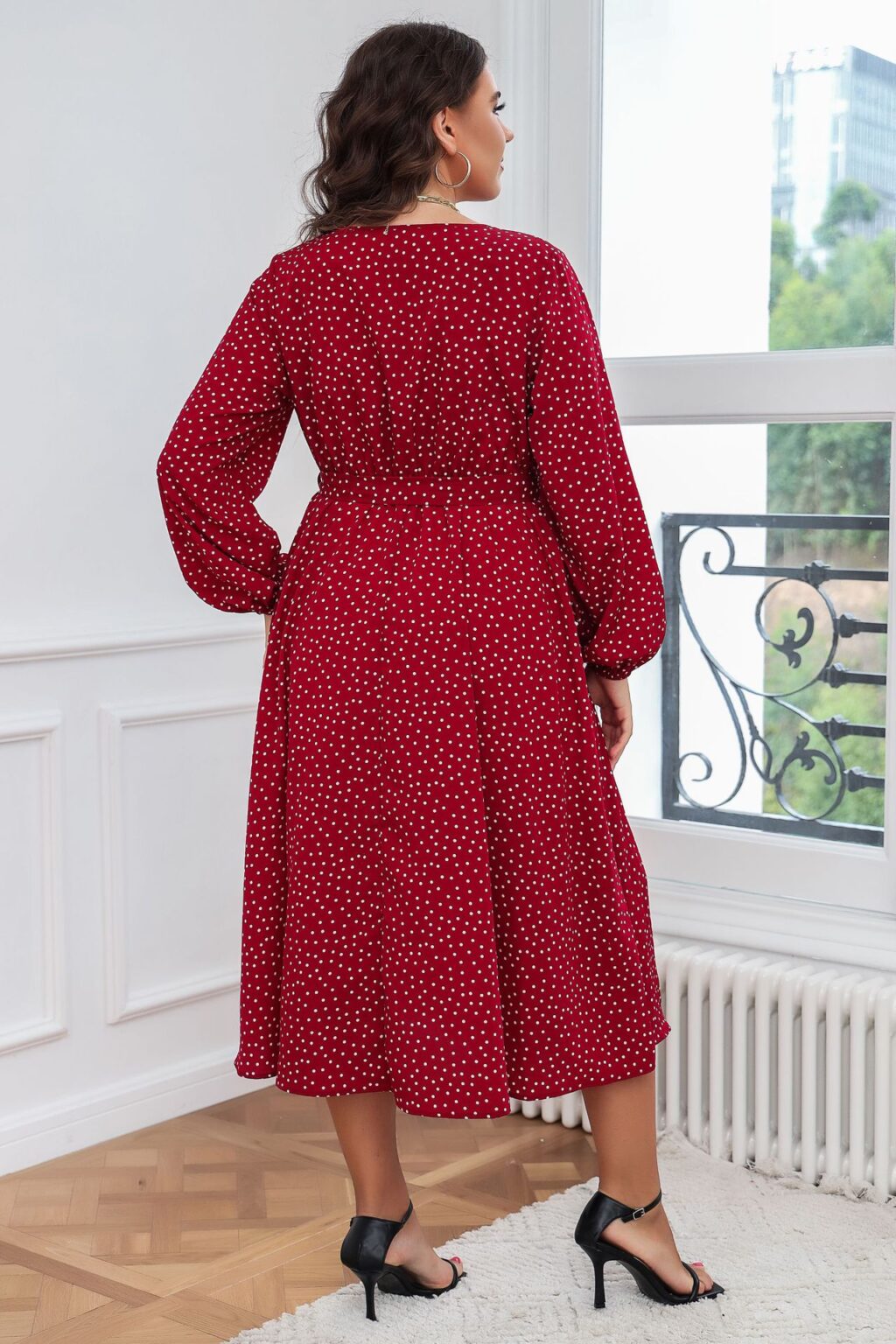 Plus Size Swing Artistic Red  Dress Cotton Office Polka Dot Long Sleeve Women Clothing - Image 4
