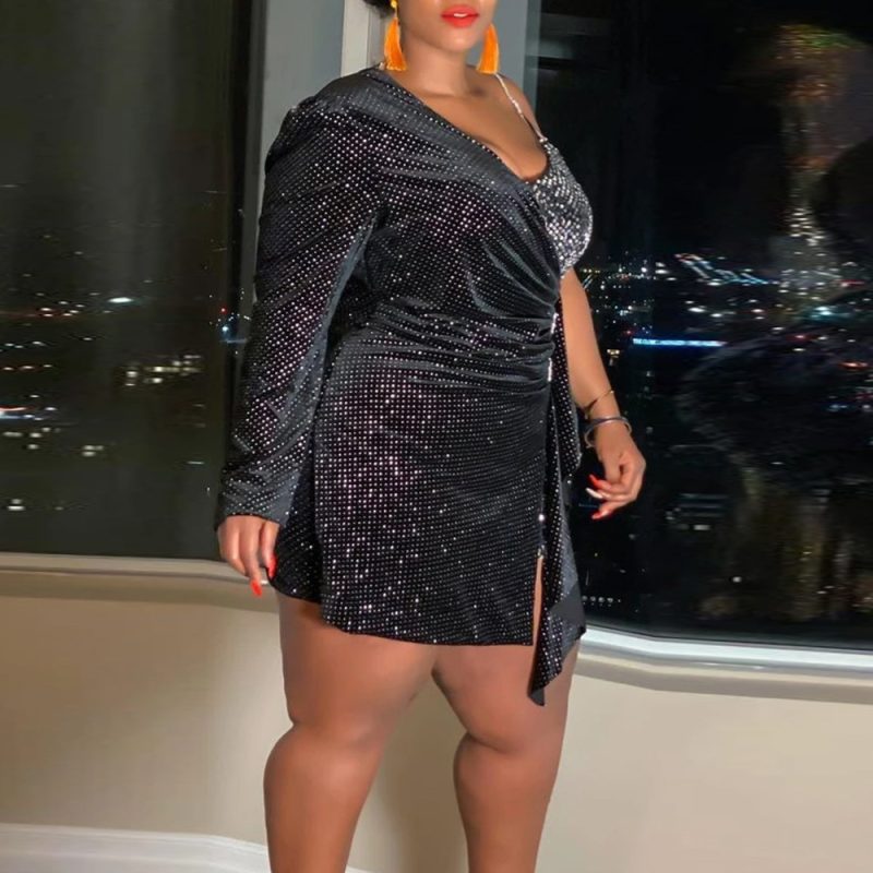 Plus Size New Fashion Flannel Sequin Twill Sheath  Dress for Women Glitter