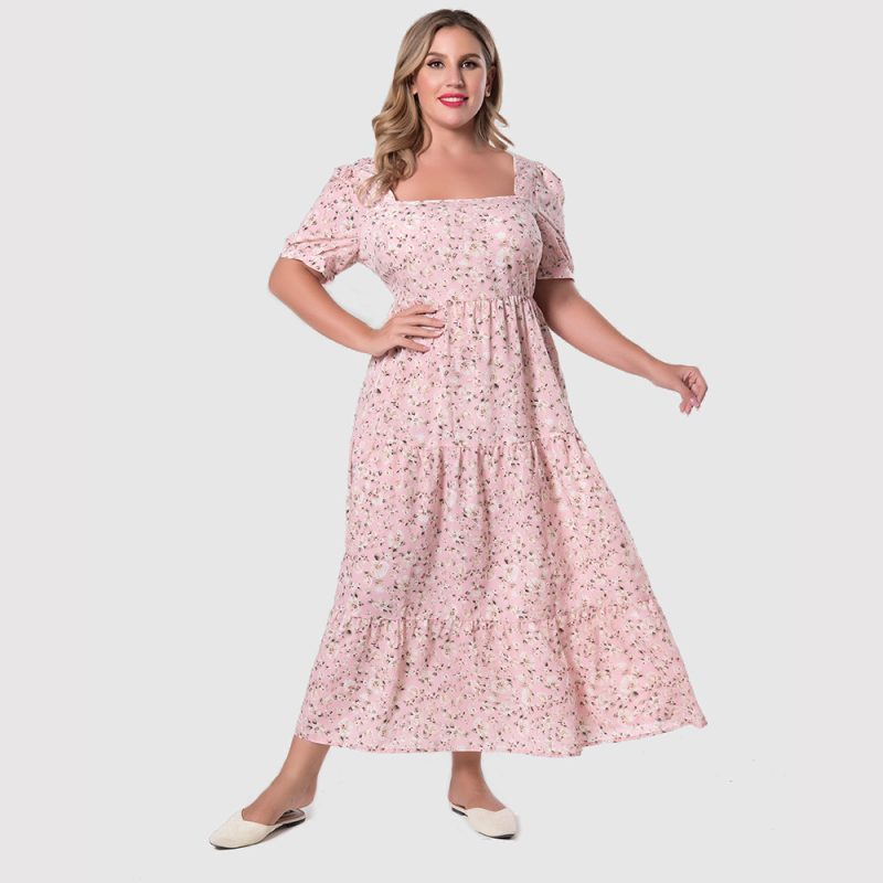 Plus Size Women U Collar Puff Sleeve Floral Dress Sweet Waist Trimming Maxi Dress - Image 2