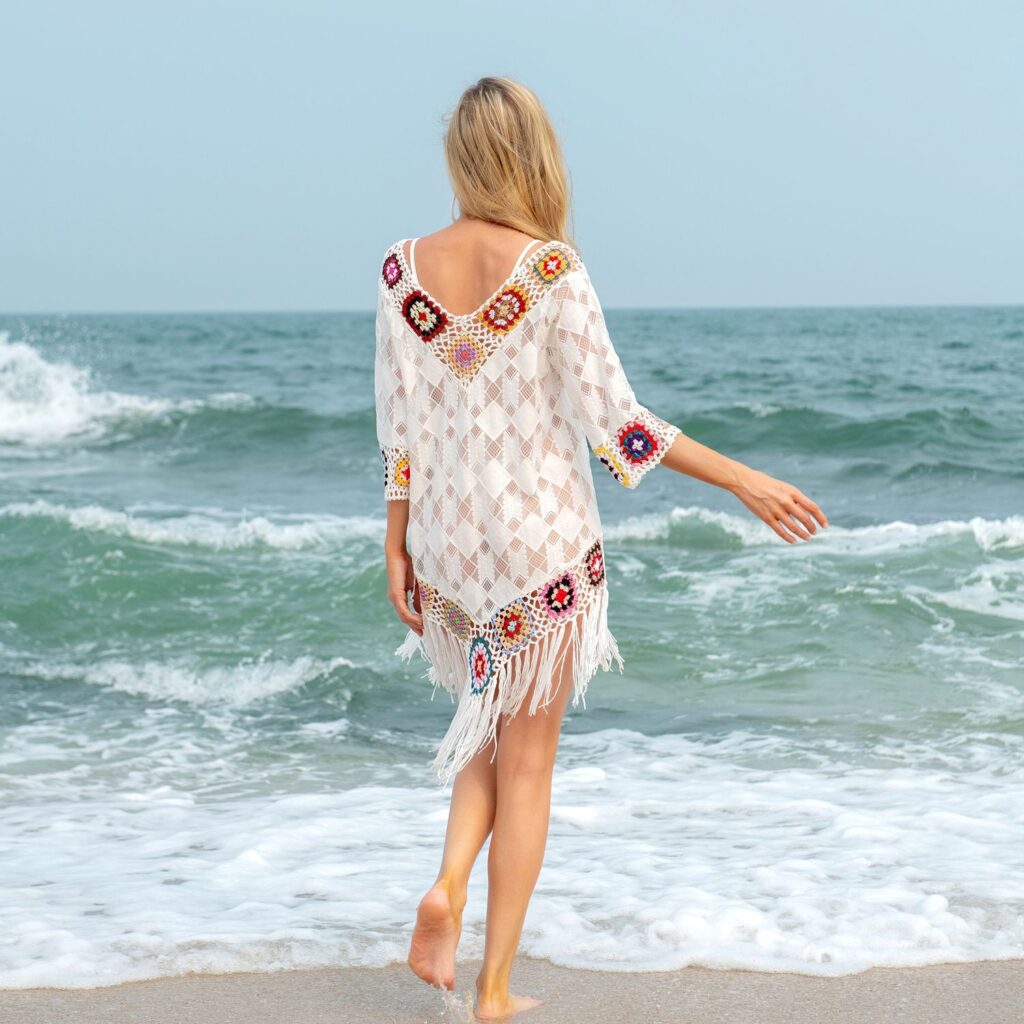 Seaside Sexy Lace Hand Crocheting Crochet Swimsuit Bikini Cover Up Tassel Beachwear Dress - Image 4
