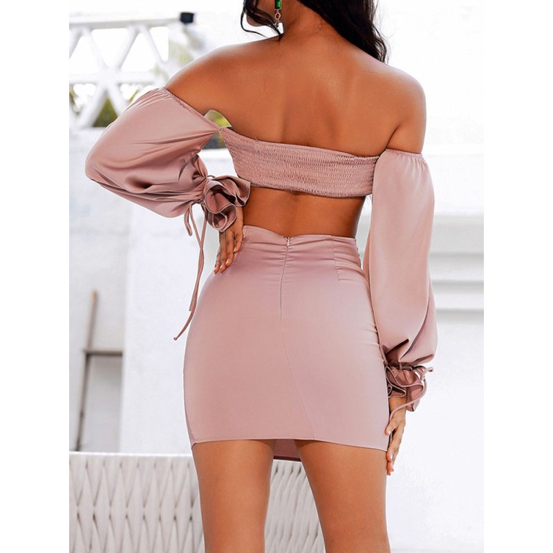 Sexy off the Shoulder Hollow Out Cutout Apricot Long Sleeve Mini Dress - Image 5