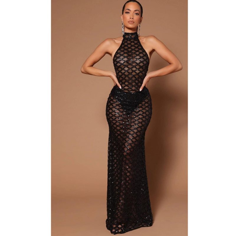 Spring Sexy Backless Nightclub Party Formal Dress Rhinestone Sequined Transparent Dress - Image 4