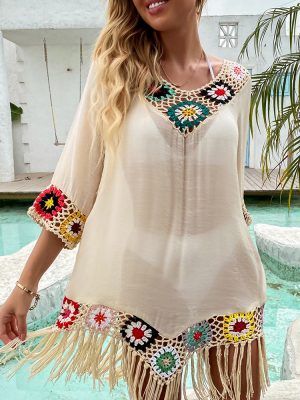 Spring Summer Women Clothing Net Red Lazy Beach Crocheted Blouse Mid-Length Dress