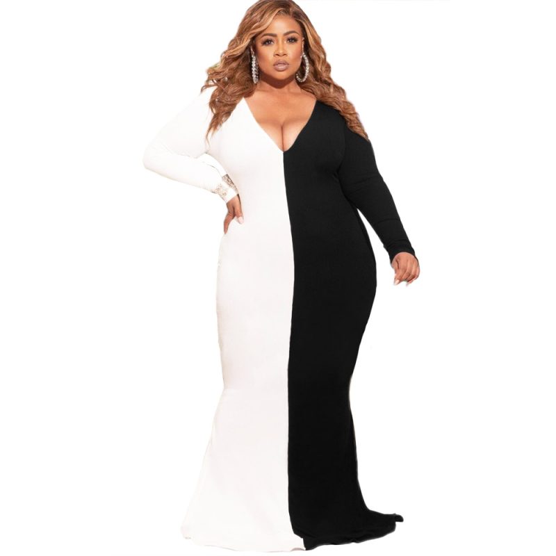 Plus Size Plus Size Color Contrast Patchwork V-neck Slim-Fit Long Sleeve Women Maxi Dress - Image 3