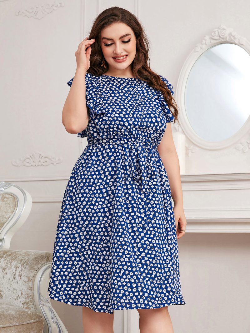 Plus Size Autumn Neck Office Printed Blue Chiffon Dress Expose Clavicle Short Vest Puls Size - Image 3