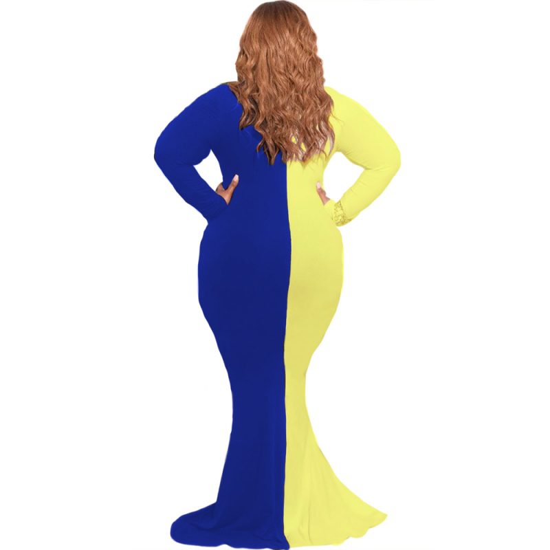 Plus Size Plus Size Color Contrast Patchwork V-neck Slim-Fit Long Sleeve Women Maxi Dress - Image 2