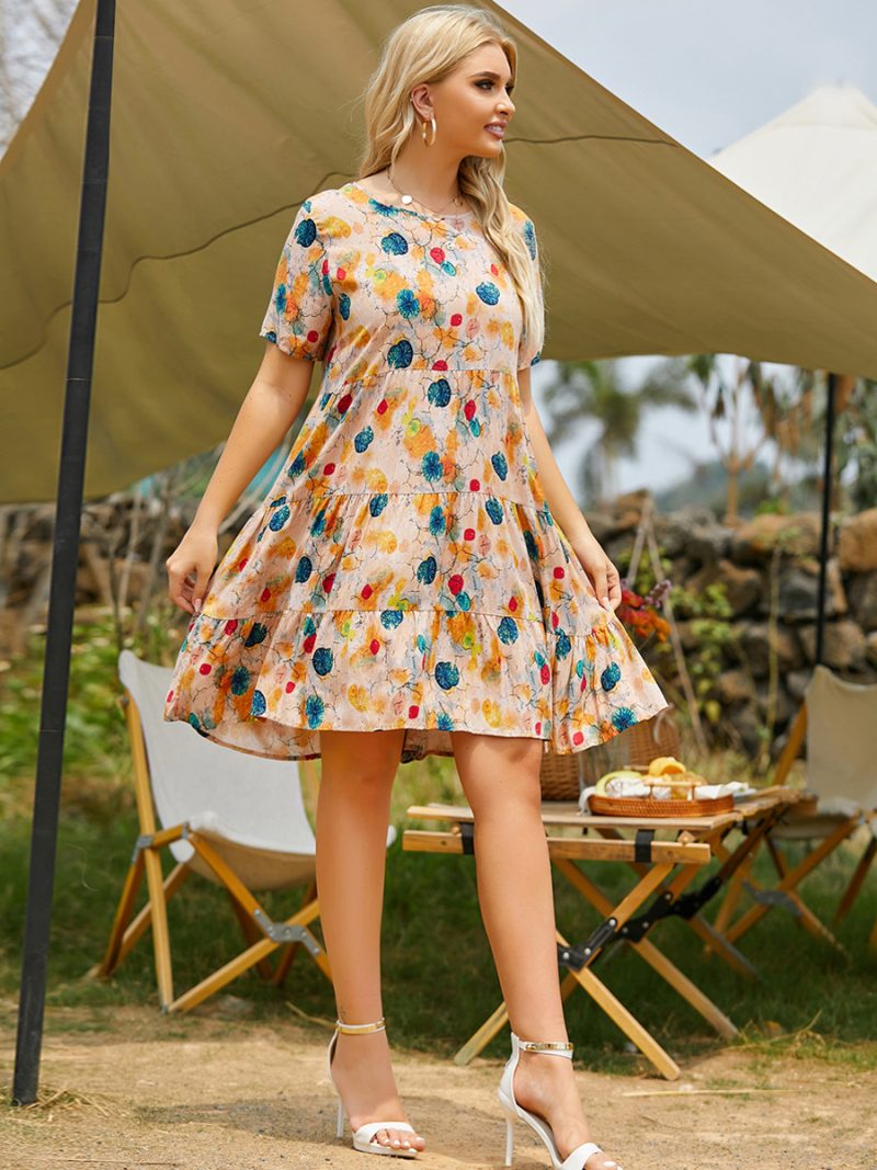 Plus Size Summer Urban Casual round Neck Short Sleeves Printed Multi-Layer Stitching Big Swing Dress Dress - Image 2
