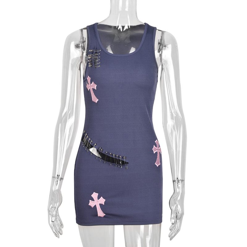 Women Clothing Hollow Out Cutout Sexy U Collar Sleeveless Pullover Criss Cross Stitch Floral Pin Hip - Image 5