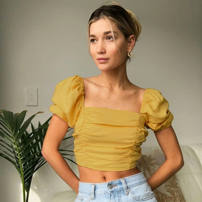 Autumn Women  Wear Design Pleated Puff Sleeve Shirt Niche Square Collar Shirt - Image 3
