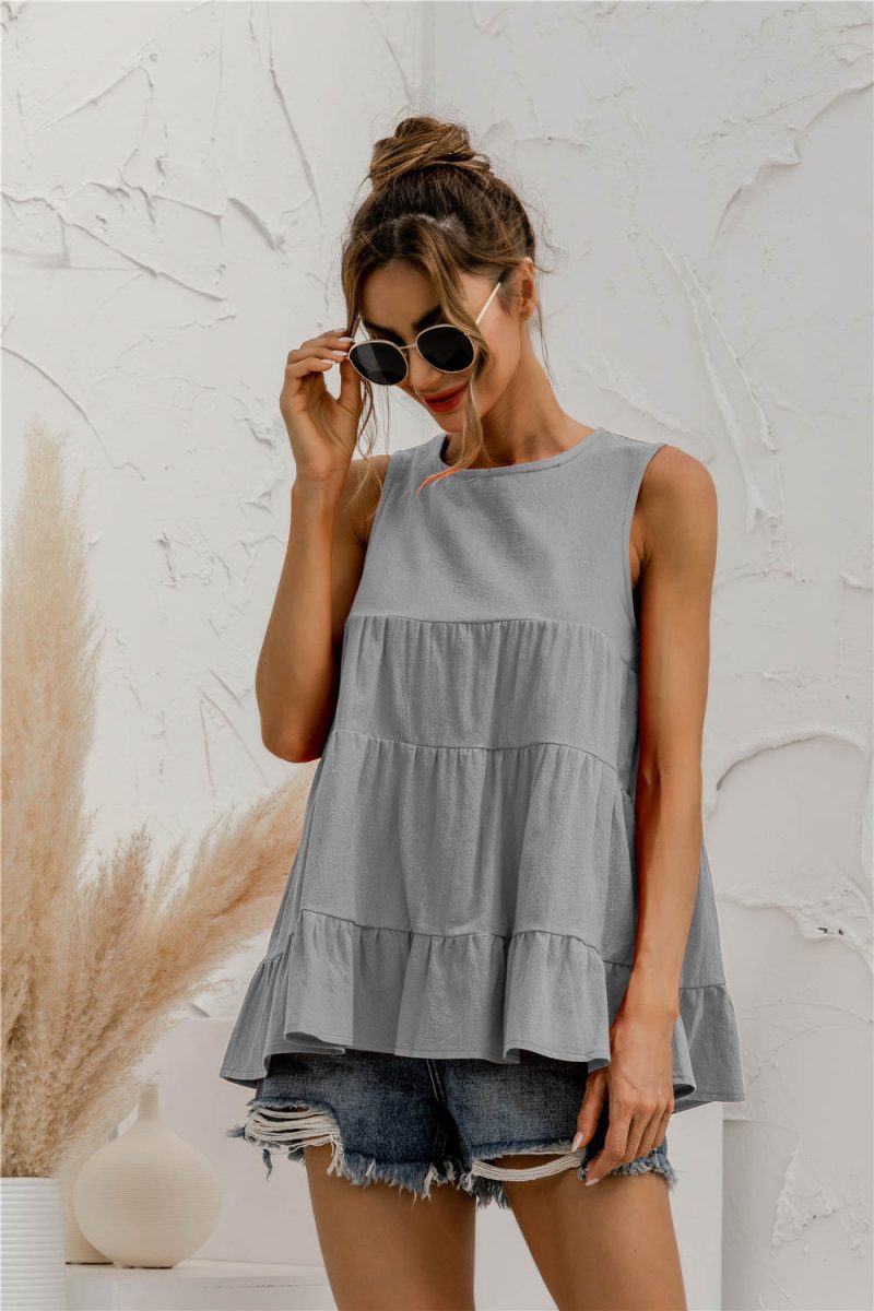 Spring Summer  round Neck Sleeveless Multi-Section Stitching Loose Big Hem Vest Top - Image 4