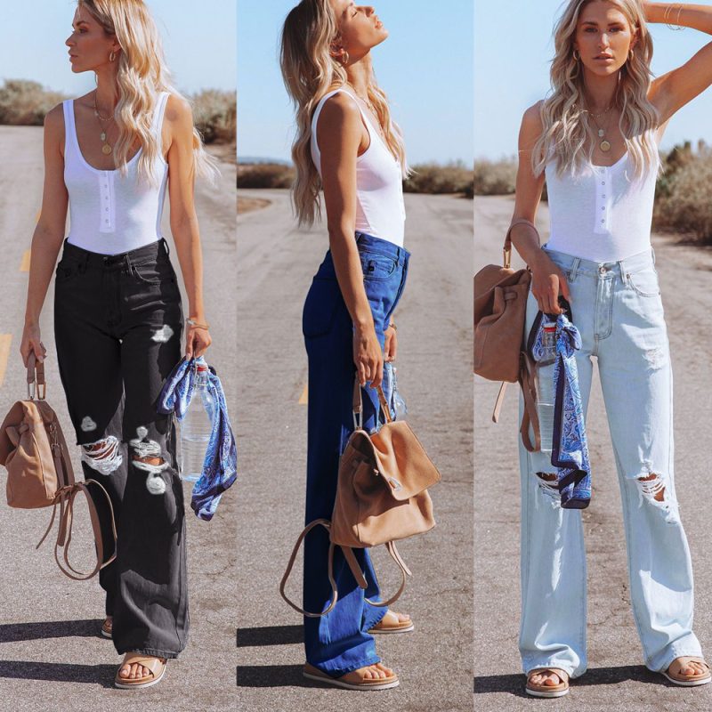 Summer Water Washed Hole High Waist Denim Pants Casual Pants Wide-Leg Pants for Women - Image 5