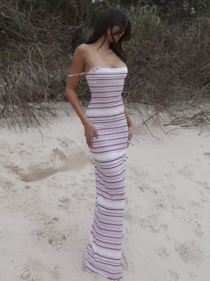 Contrast Color Striped Sexy Bandeau Sling Maxi Dress Women  Summer High Grade Tight Waist Sheath Fishtail Dress