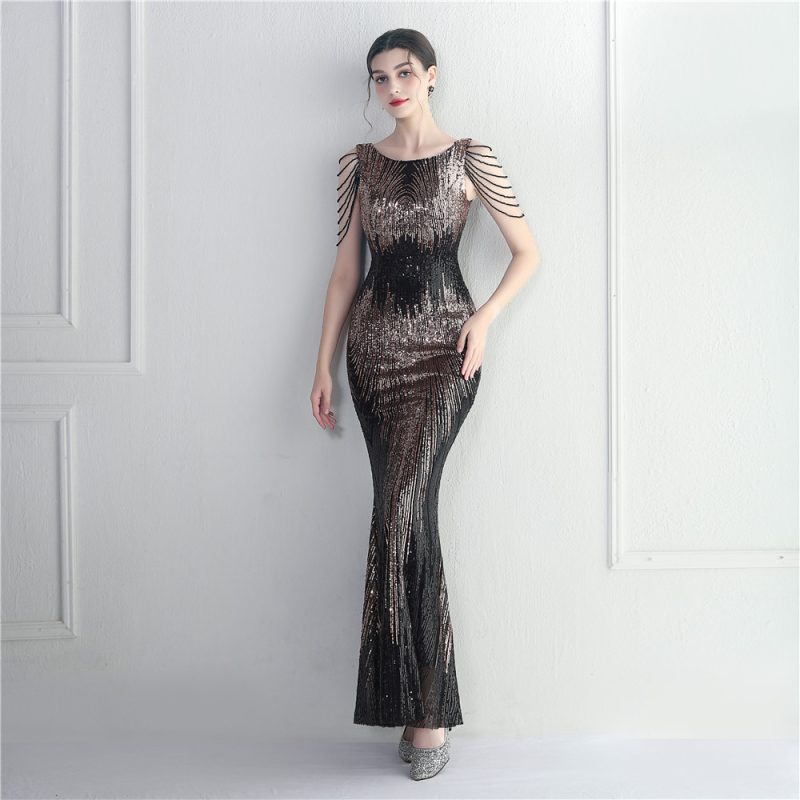 Positioning Floral Sequin Craft Beaded Sexy Party Dinner Ceremony Concert Maxi Dress Evening Dress - Image 4
