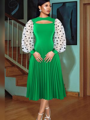 Round Neck Hollow Out Cutout Out Rest Pleated Office Polka Dot Lantern Sleeve Dress