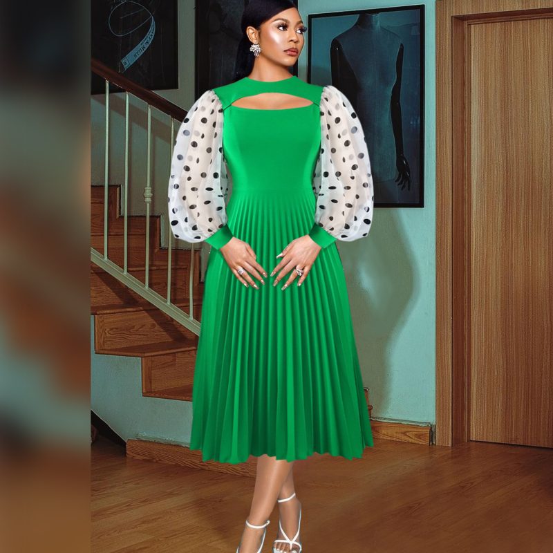 Round Neck Hollow Out Cutout Out Rest Pleated Office Polka Dot Lantern Sleeve Dress