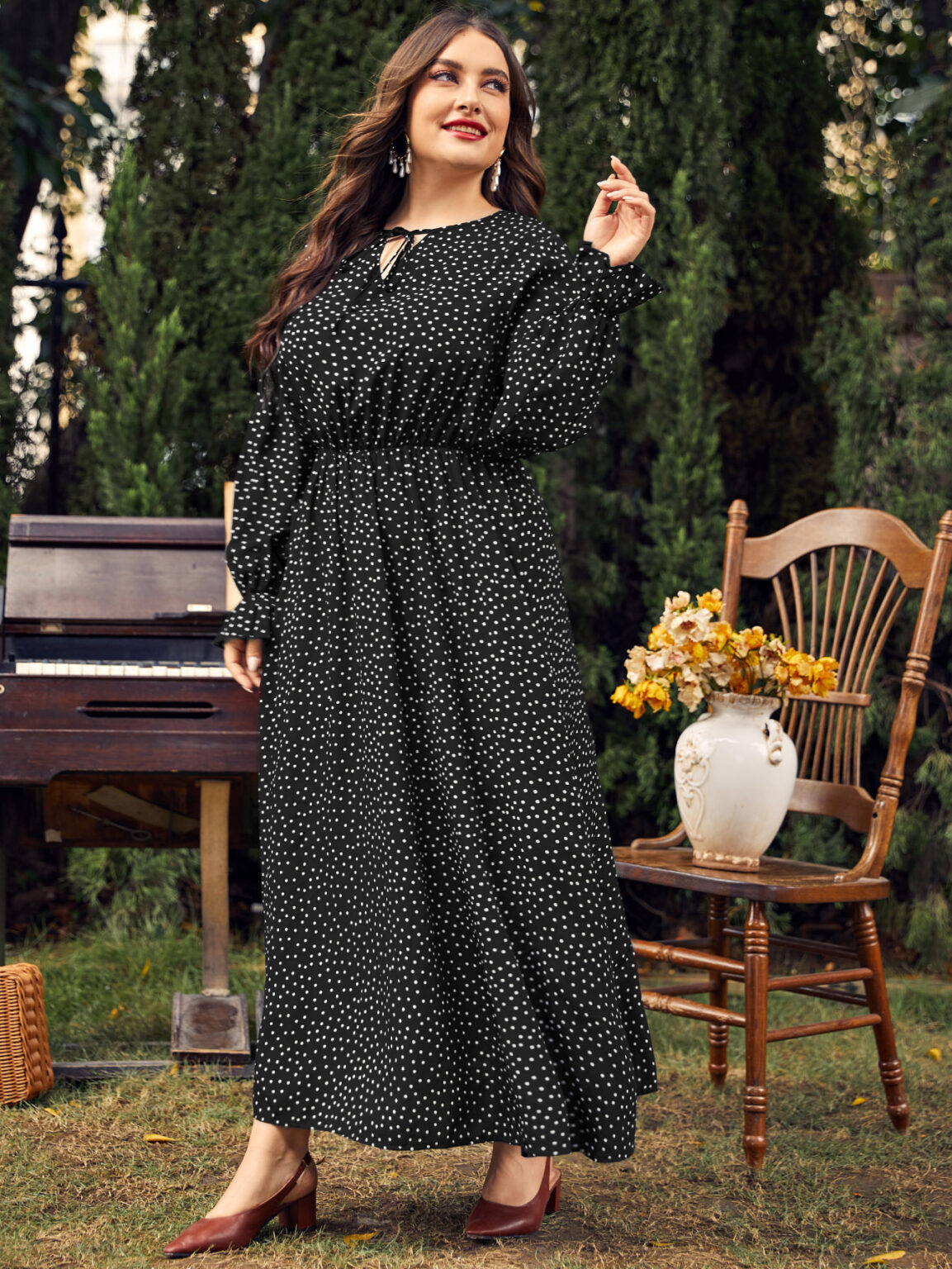 Plus Size Women Dress Polka-Dot Loose-Fitting  Girls Long Sleeve Dress - Image 2