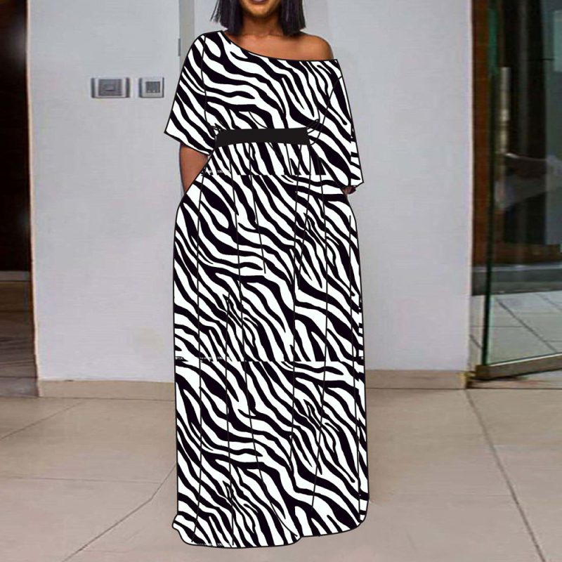 Sexy Oblique Shoulder Short Sleeve Leopard Print with Belt Slim Fit Party Large Swing Dress Women Dress Maxi Dress Dress Dress