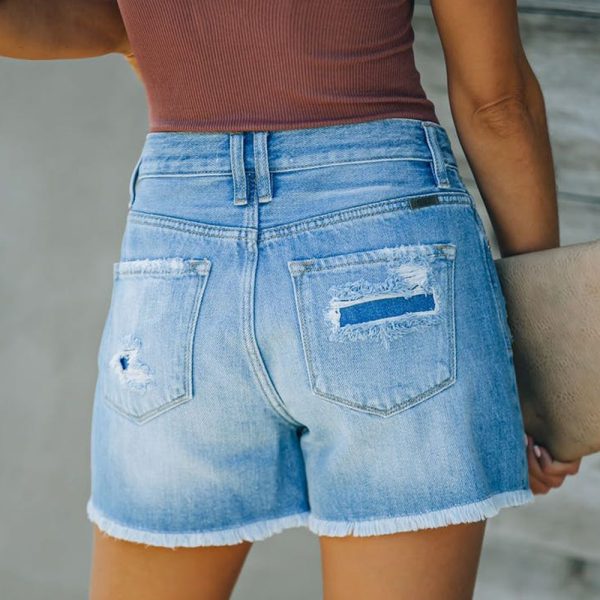 Women Clothing New Hole Patch Tassel Special One Breasted Denim Shorts  Pants - Image 5