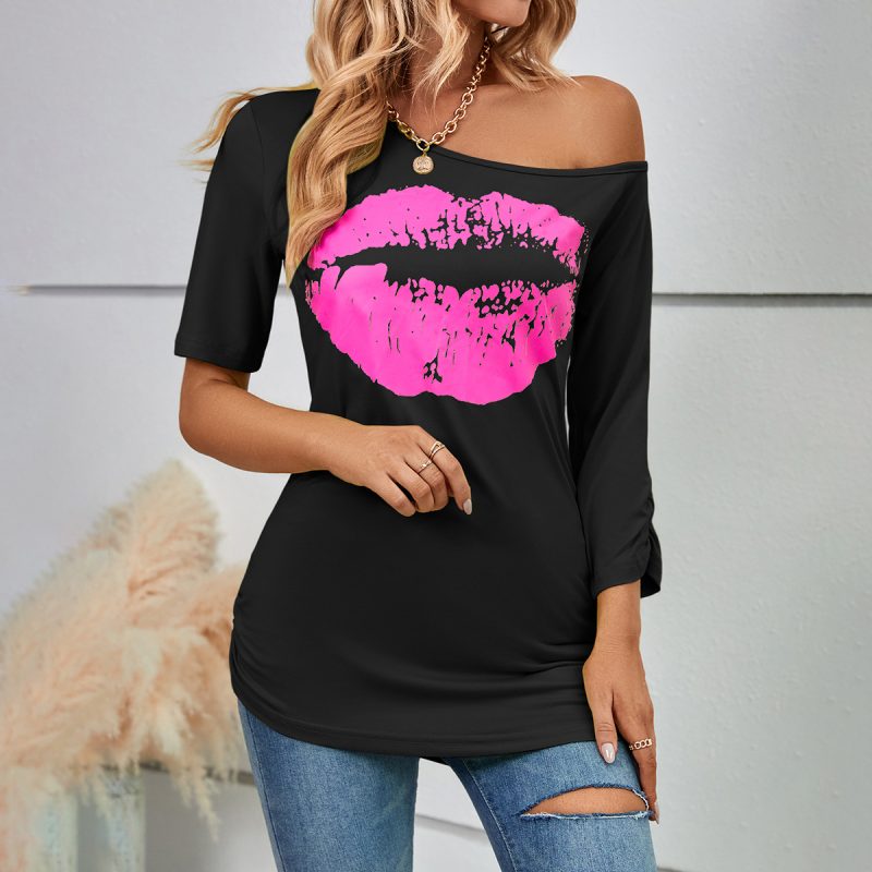 Lip Printings Short Sleeved T shirt Women off Shoulder Irregular Asymmetric Sleeve Length Slim Top Summer - Image 4