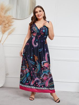 Plus Size Dress Deep V-neck Elastic Waist Girls Cinched Slimming Maxi Dress