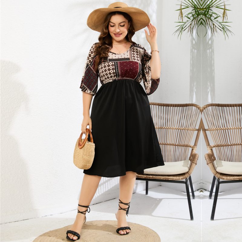 Plus Size Women Clothing Printed Waist Controlled Dress