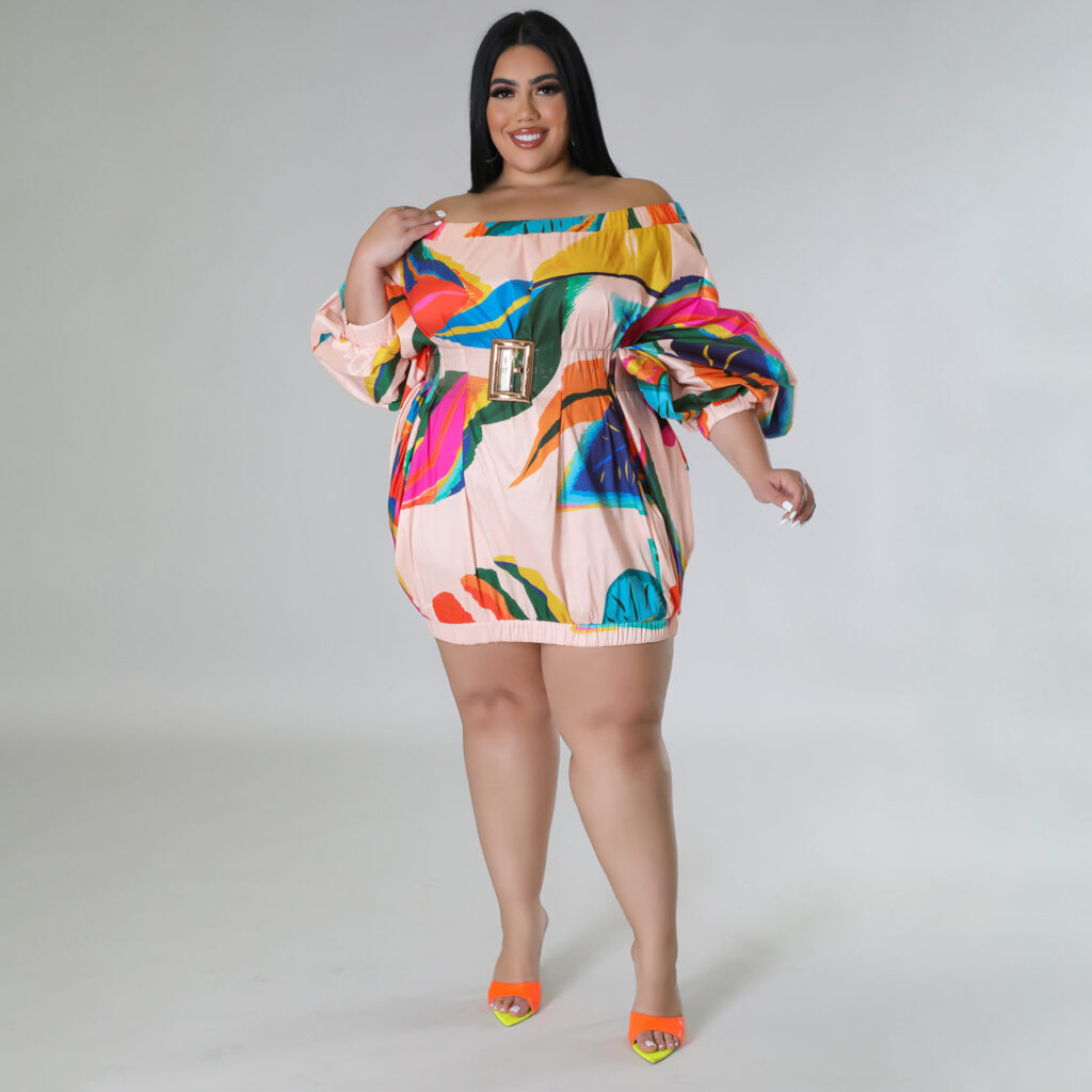 Plus Size Sexy Loose Women Wear Off Shoulder Printed Batwing Sleeve Short Dress - Image 2